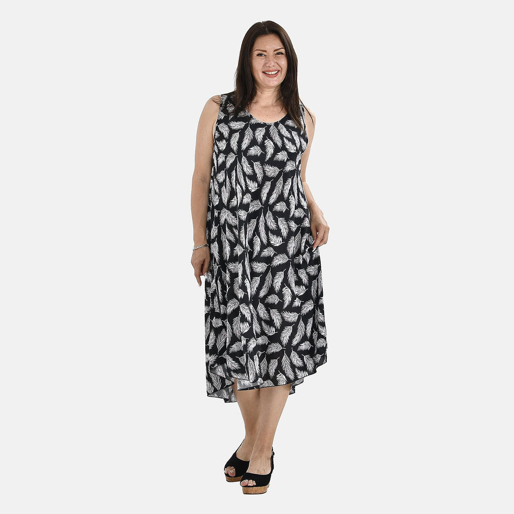 Tamsy 100% Viscose Leaf Pattern Umbrella Midi Dress (One Size) - Black - White