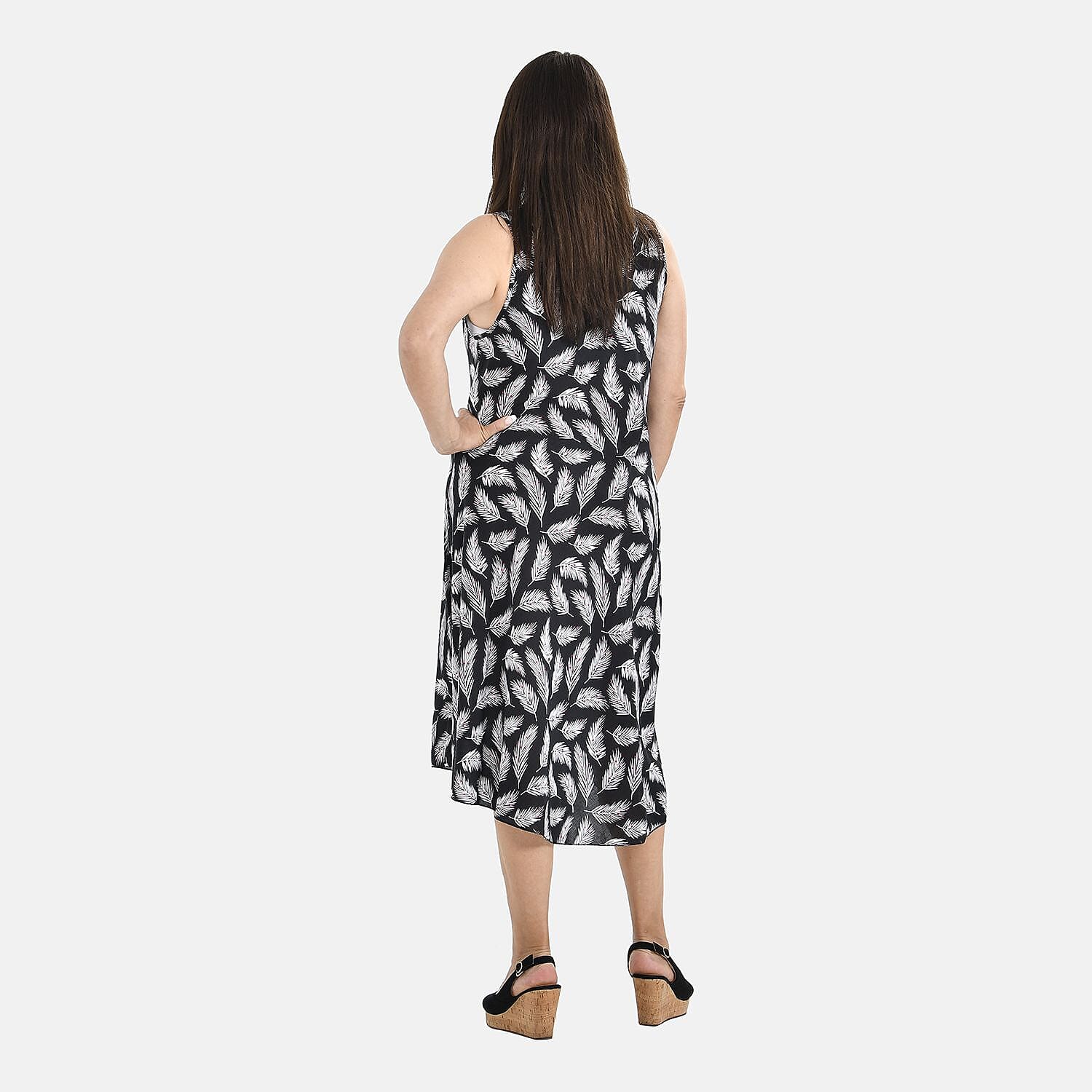 Tamsy 100% Viscose Leaf Pattern Umbrella Midi Dress (One Size) - Black - White