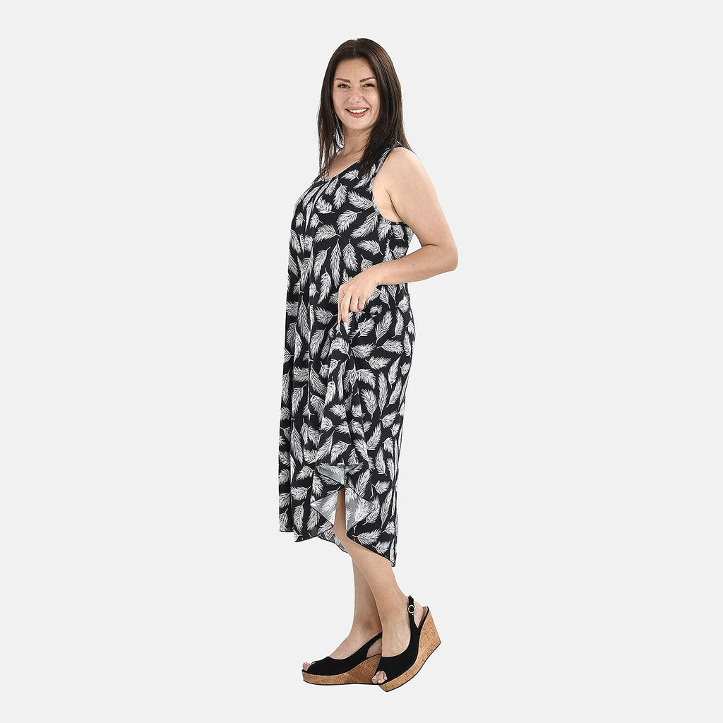 Tamsy 100% Viscose Leaf Pattern Umbrella Midi Dress (One Size) - Black - White
