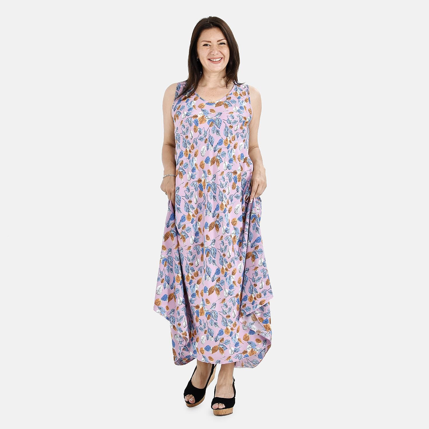 Tamsy 100% Viscose Leaf Print Umbrella Dress (Curve Size 20-26) - Mavue and Multi