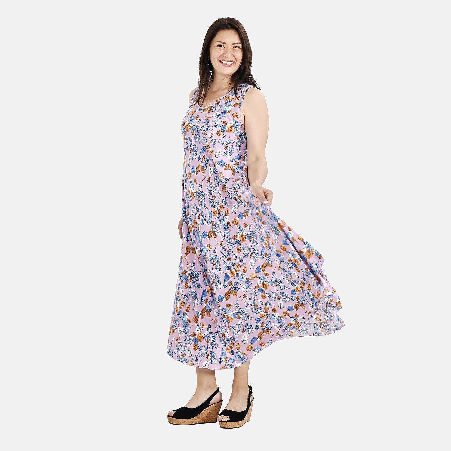Tamsy 100% Viscose Leaf Print Umbrella Dress (Curve Size 20-26) - Mavue and Multi