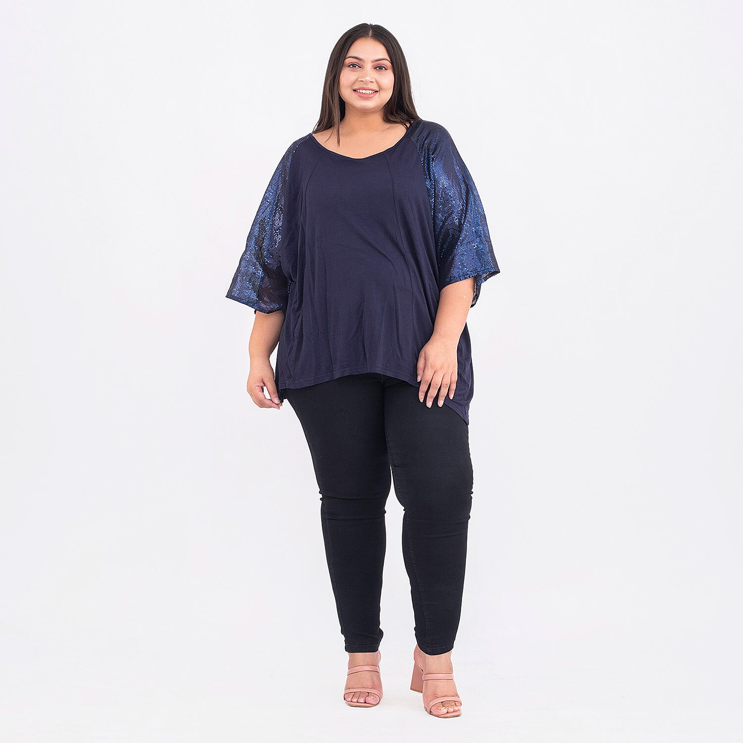 100% Viscose Batwing Jersey Top with Scoop Neck and Sequin Sleeves (One Size 8-18) - Navy