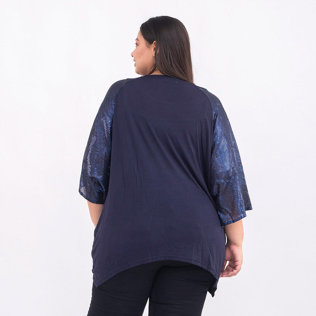100% Viscose Batwing Jersey Top with Scoop Neck and Sequin Sleeves (One Size 8-18) - Navy