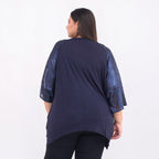 100% Viscose Batwing Jersey Top with Scoop Neck and Sequin Sleeves (One Size 8-18) - Navy