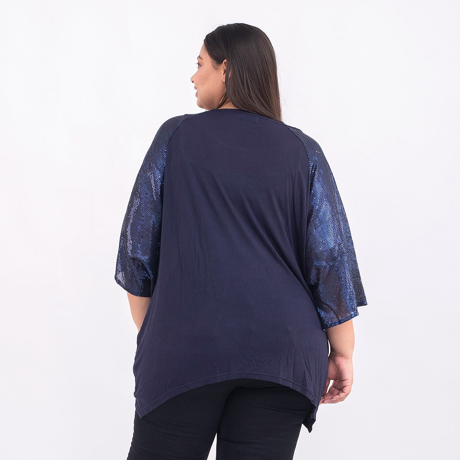 100% Viscose Batwing Jersey Top with Scoop Neck and Sequin Sleeves (One Size 8-18) - Navy
