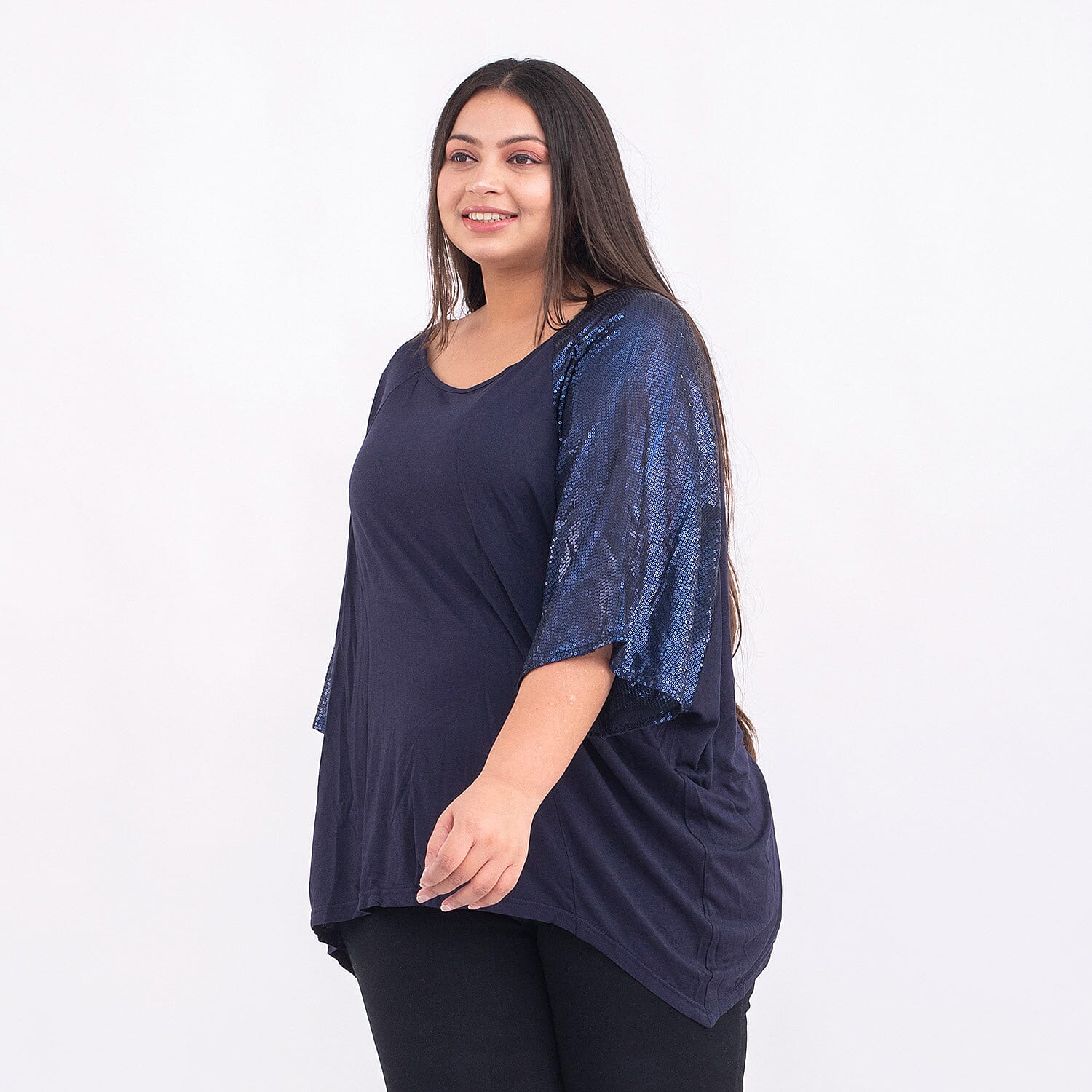 100% Viscose Batwing Jersey Top with Scoop Neck and Sequin Sleeves (One Size 8-18) - Navy