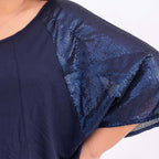 100% Viscose Batwing Jersey Top with Scoop Neck and Sequin Sleeves (One Size 8-18) - Navy