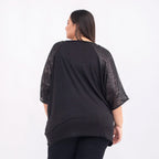 TAMSY 100% Viscose Batwing Jersey Top with Scoop Neck and Sequin Sleeves (One Size 8-18) - Black