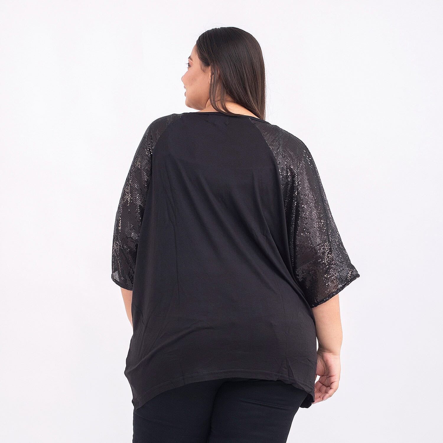 TAMSY 100% Viscose Batwing Jersey Top with Round Neck and Sequin Sleeves (One Size Curve) - Black