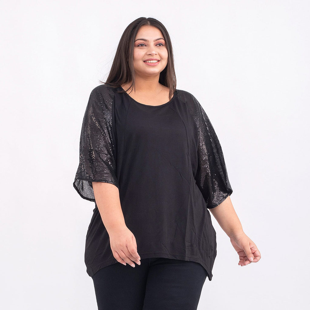 TAMSY 100% Viscose Batwing Jersey Top with Round Neck and Sequin Sleeves (One Size Curve) - Black