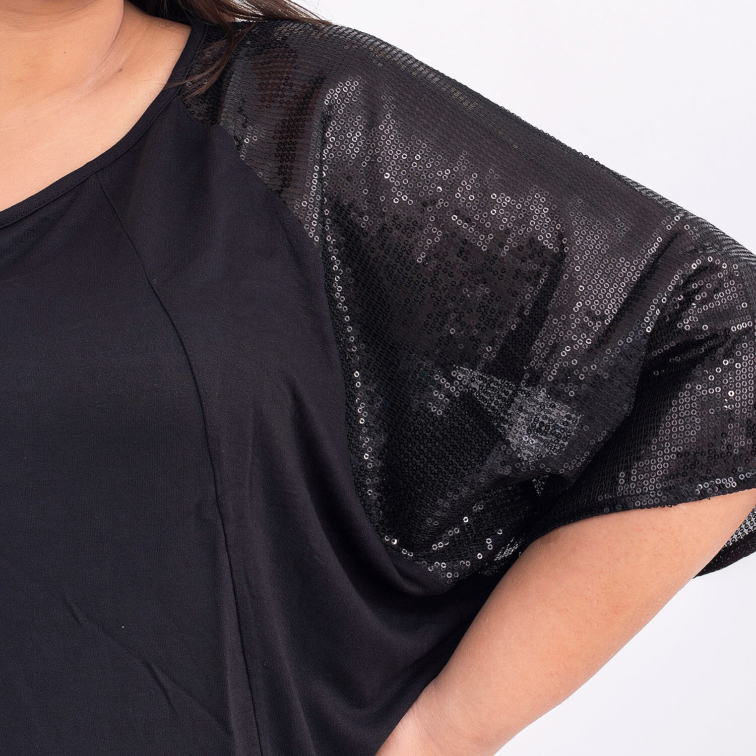 TAMSY 100% Viscose Batwing Jersey Top with Round Neck and Sequin Sleeves (One Size Curve) - Black