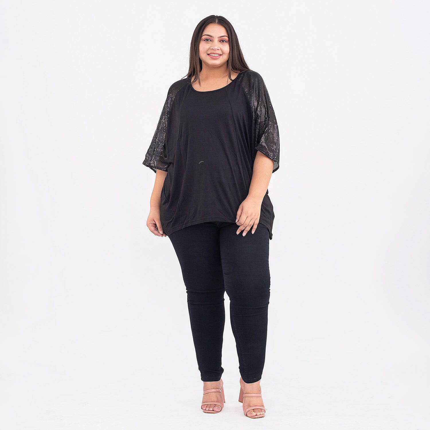 TAMSY 100% Viscose Batwing Jersey Top with Round Neck and Sequin Sleeves (One Size Curve)
