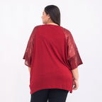 100% Viscose Batwing Jersey Top with Round Neck and Sequin Sleeves (One Size Curve) - Maroon