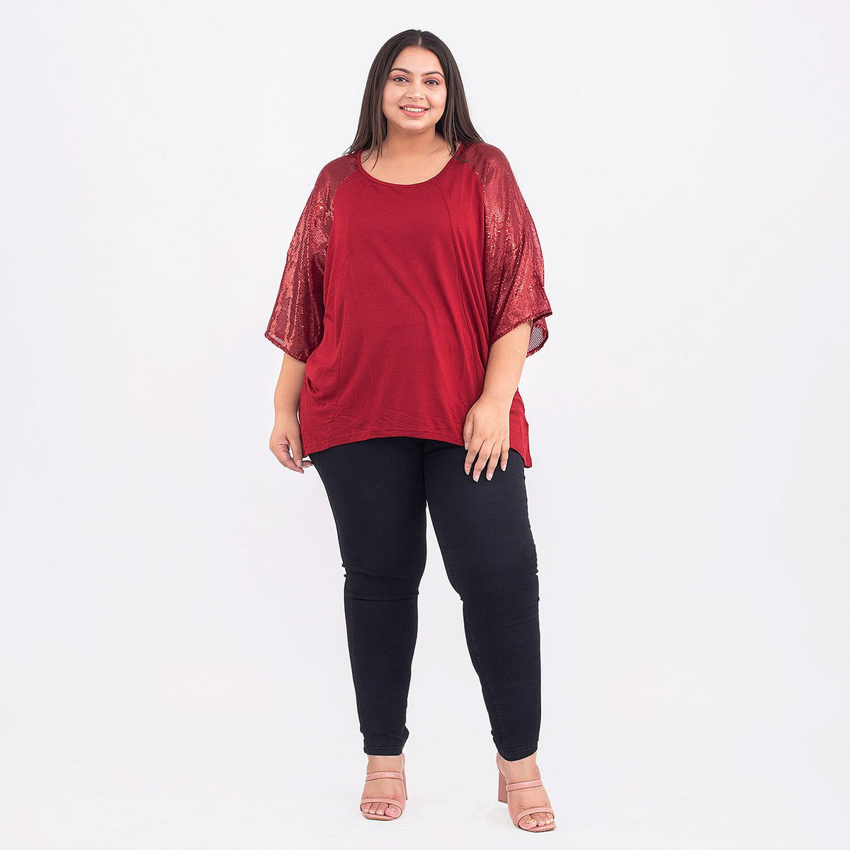 100% Viscose Batwing Jersey Top with Round Neck and Sequin Sleeves (One Size Curve) -
