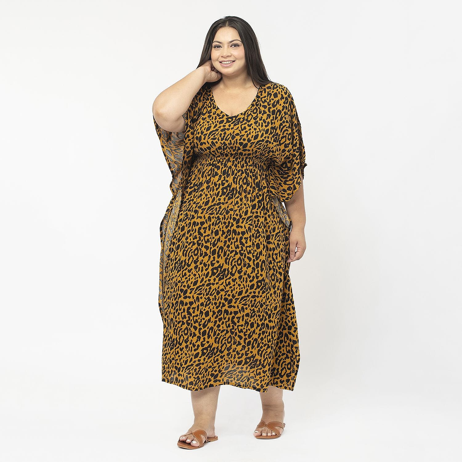 Tamsy 100% Viscose Smocked Waist Midi Dress (One Size 8 -18) - Brown