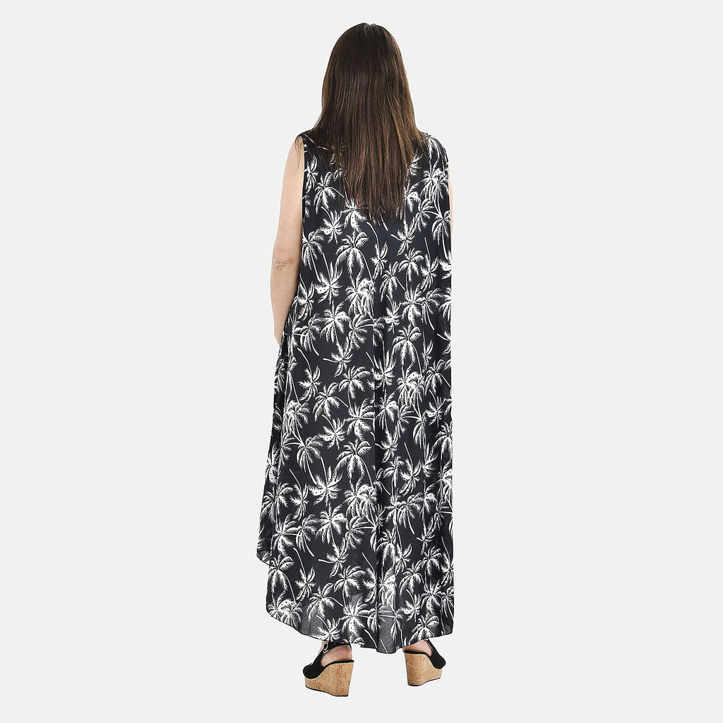 Tamsy 100% Viscose Palm Tree Pattern Umbrella Midi Dress (One Size Curve,18-24) - Black - White