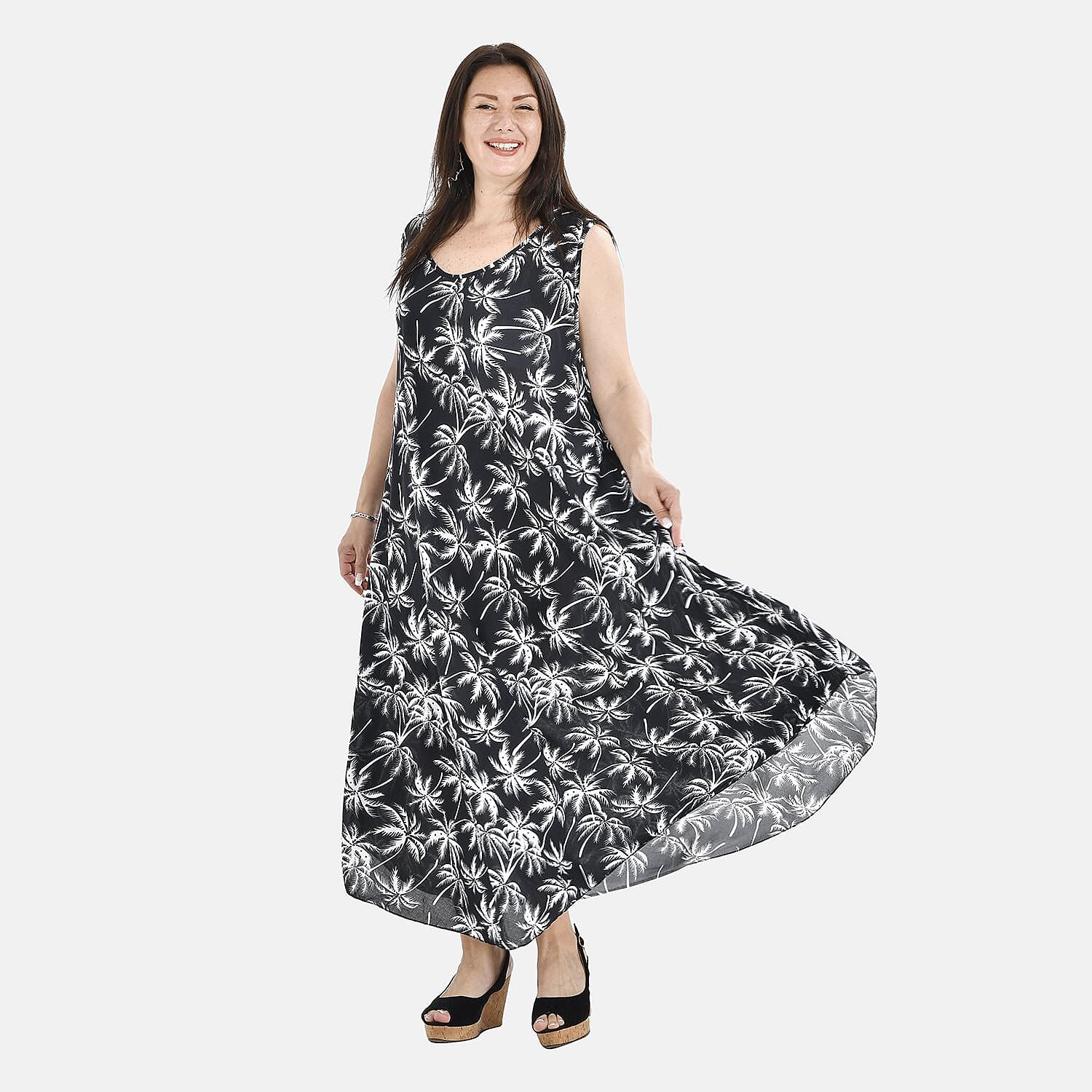 Tamsy 100% Viscose Palm Tree Pattern Umbrella Midi Dress (One Size Curve,18-24) - Black - White