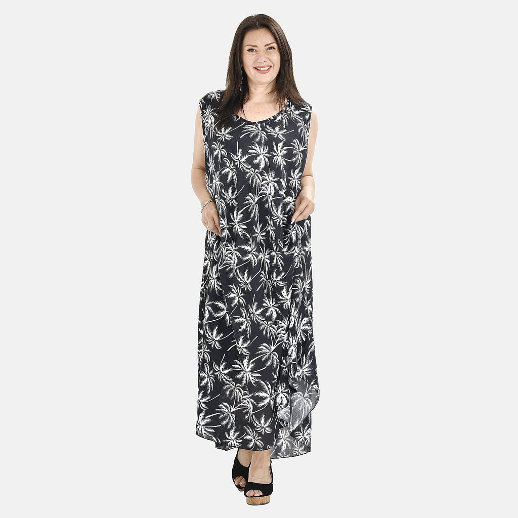 Tamsy 100% Viscose Palm Tree Pattern Umbrella Midi Dress (One Size, 8-16) - Black - White