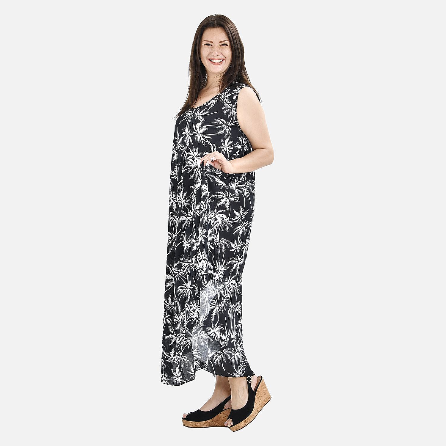 Tamsy 100% Viscose Palm Tree Pattern Umbrella Midi Dress (One Size, 8-16) - Black - White