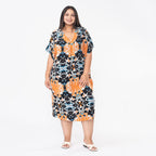 Tamsy 100% Viscose V-Neck Printed Kaftan (Curve Size 20-26) - Orange and Black