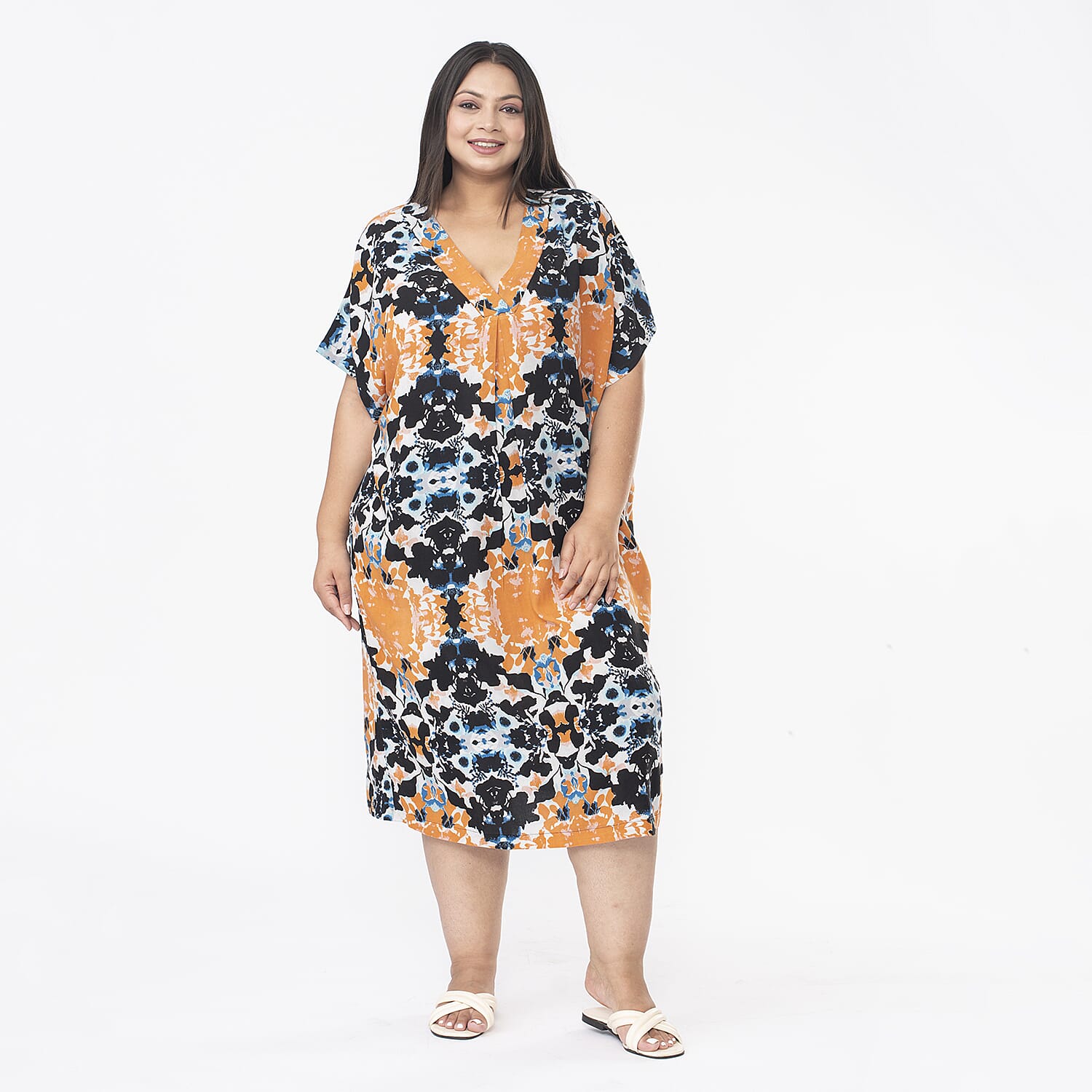 Tamsy 100% Viscose V-Neck Printed Kaftan (Curve Size 20-26) - Orange and Black