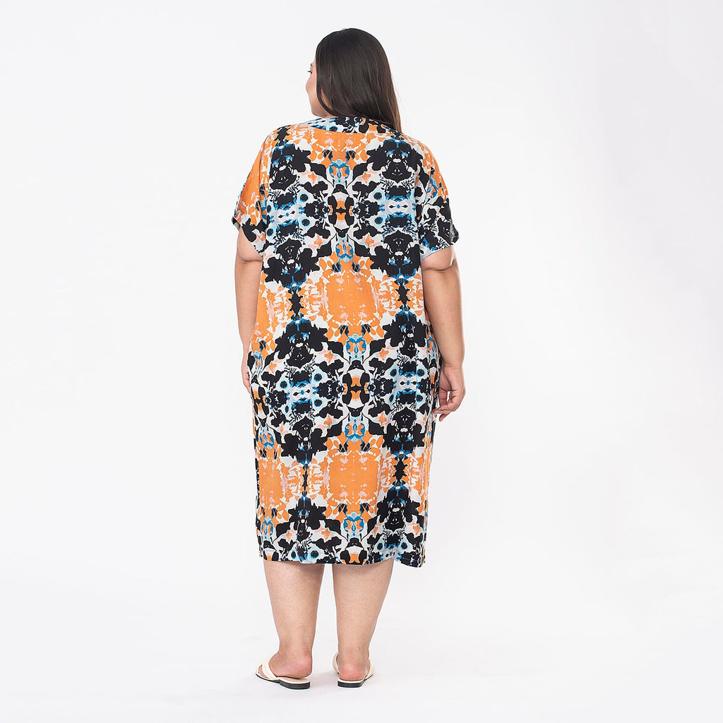 Tamsy 100% Viscose V-Neck Printed Kaftan (Curve Size 20-26) - Orange and Black