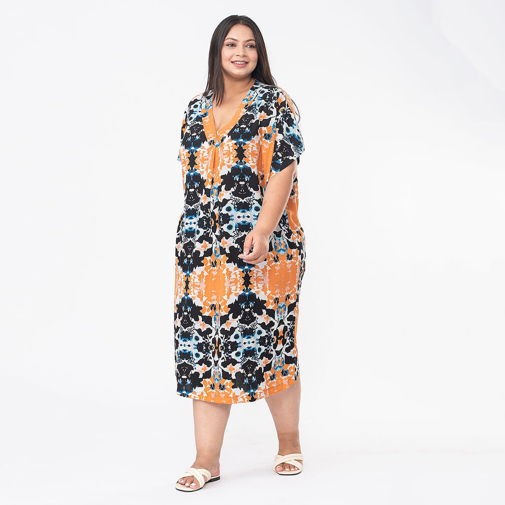 Tamsy 100% Viscose V-Neck Printed Kaftan (Curve Size 20-26) - Orange and Black