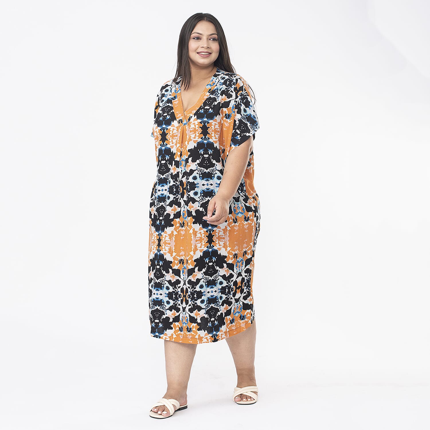 Tamsy 100% Viscose V-Neck Printed Kaftan (Curve Size 20-26) - Orange and Black