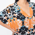 Tamsy 100% Viscose V-Neck Printed Kaftan (Curve Size 20-26) - Orange and Black