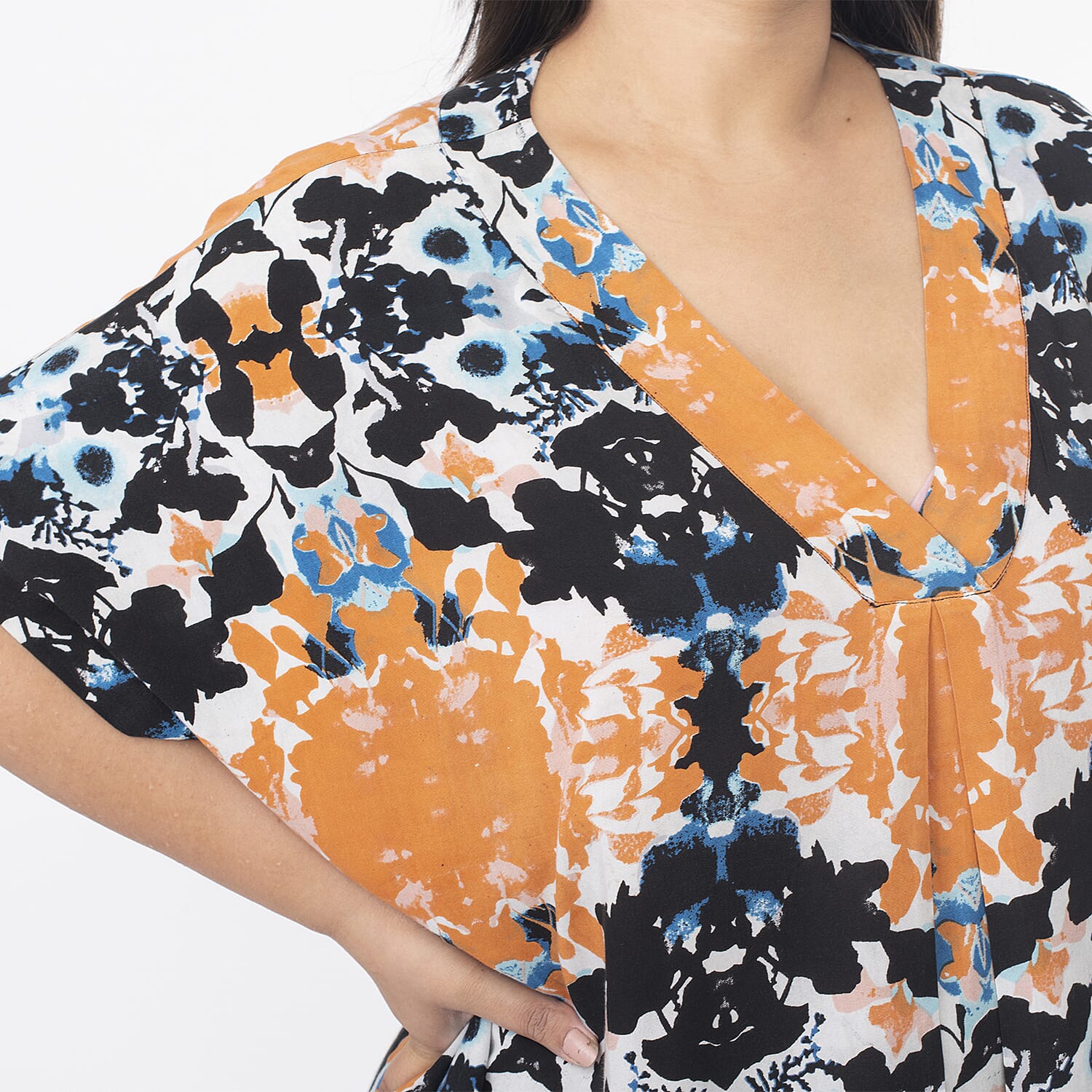 Tamsy 100% Viscose V-Neck Printed Kaftan (Curve Size 20-26) - Orange and Black
