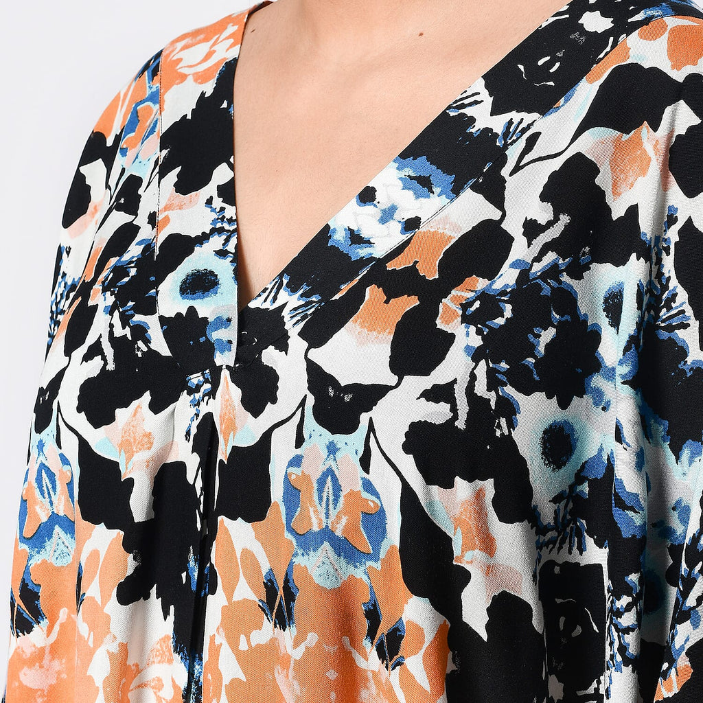 Tamsy 100% Viscose V-Neck Printed Kaftan (Curve Size 20-26) - Orange and Black