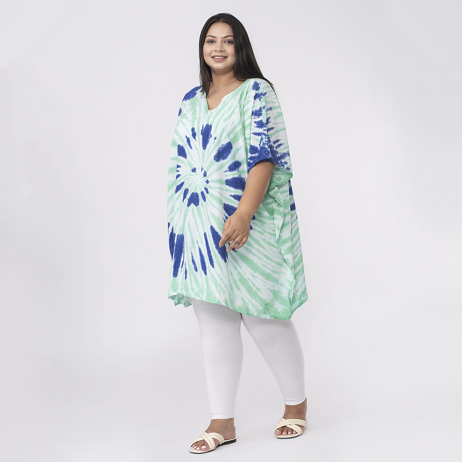 Tamsy 100% Viscose V-Neck Tie Dye Short Kaftan (One Size,8-18) - Green and Blue