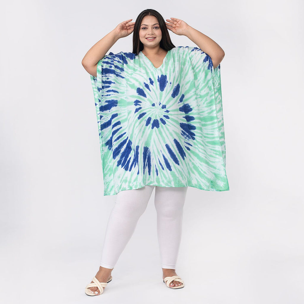 Tamsy 100% Viscose V-Neck Tie Dye Short Kaftan (One Size,8-18) - Green and Blue