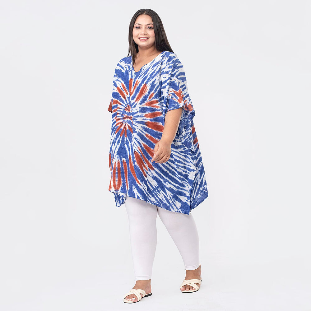 Tamsy 100% Viscose V-Neck Tie Dye Short Kaftan (One Size,8-18) - Orange and Blue