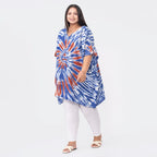 Tamsy 100% Viscose V-Neck Tie Dye Short Kaftan (One Size,8-18) - Orange and Blue