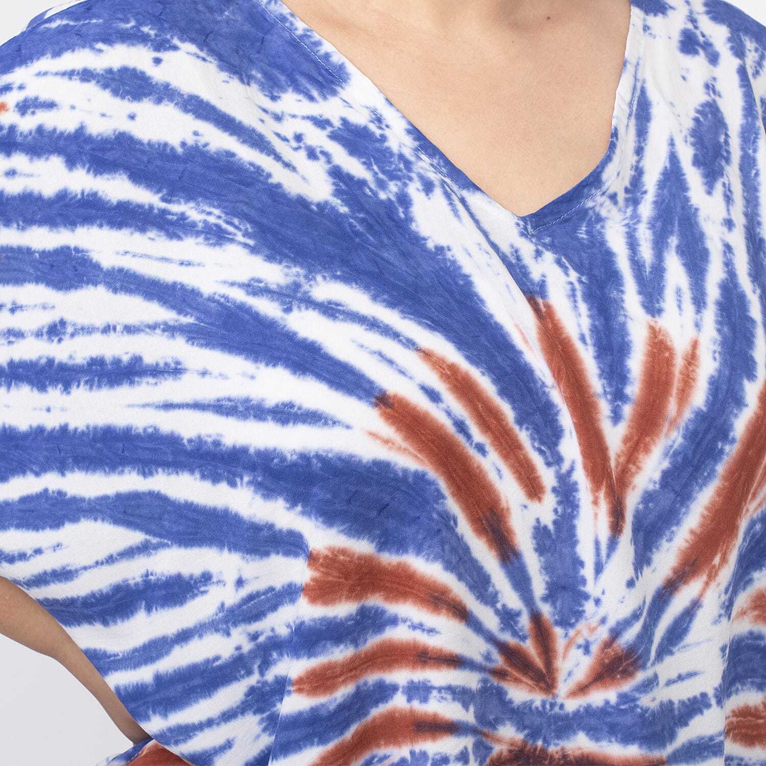 Tamsy 100% Viscose V-Neck Tie Dye Short Kaftan (One Size,8-18) - Orange and Blue
