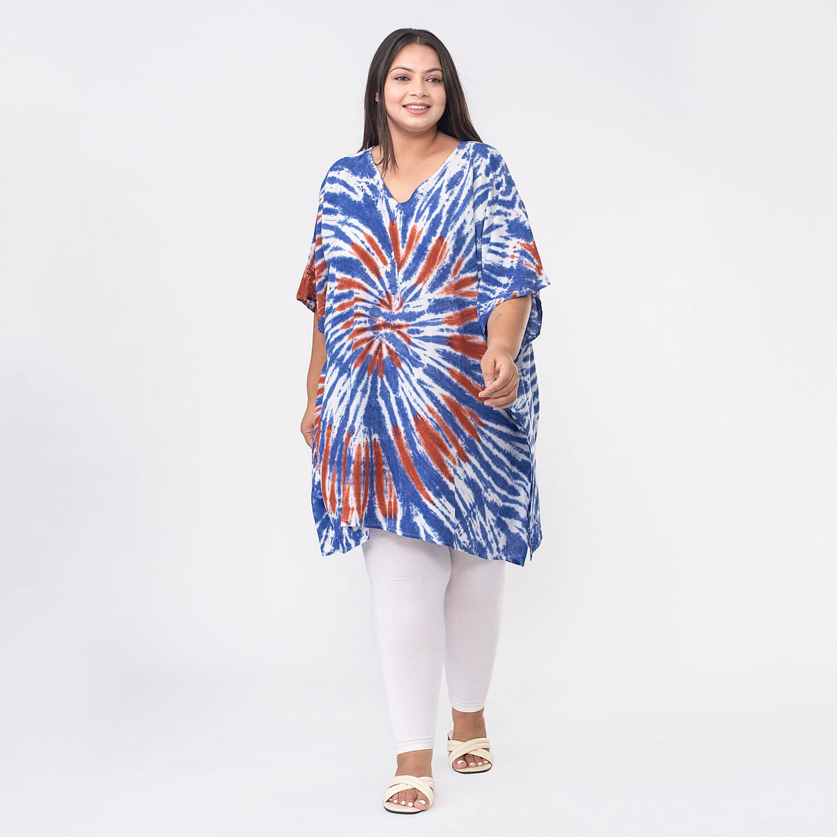 100% Viscose V Neck Tie Dye Kaftan Oranage