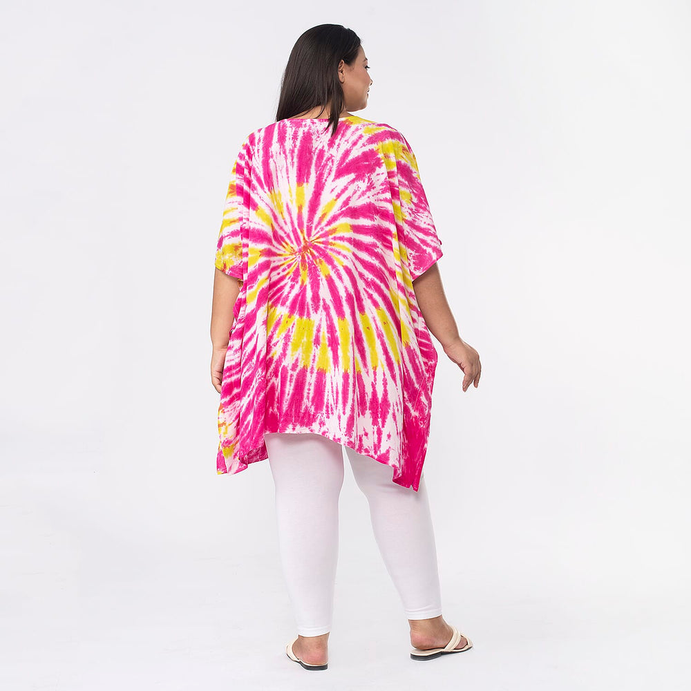 Tamsy 100% Viscose V-Neck Tie Dye Short Kaftan (One Size,8-18) - Red and Brown