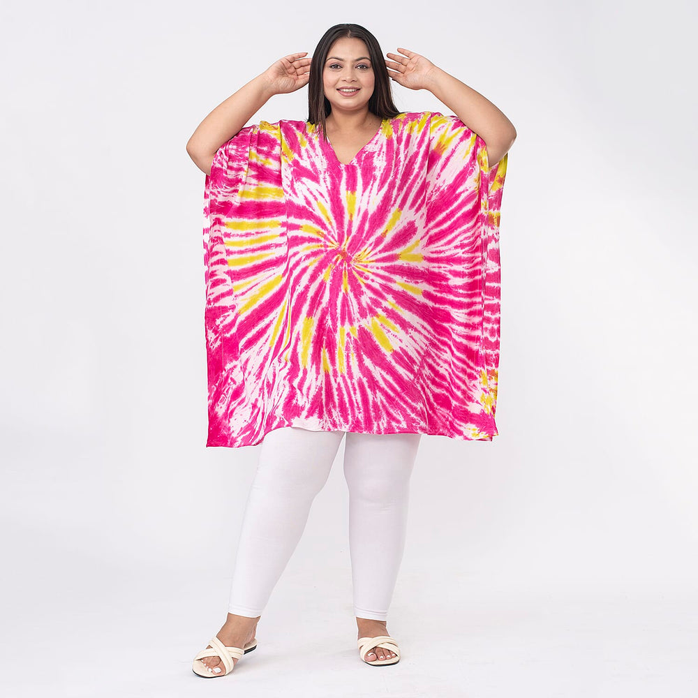 Tamsy 100% Viscose V-Neck Tie Dye Short Kaftan (One Size,8-18) - Red and Brown