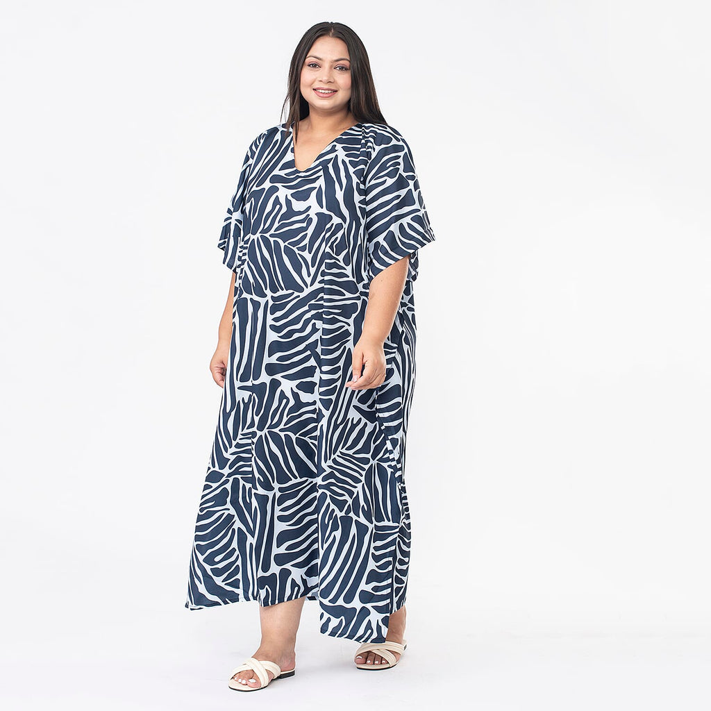 Tamsy Abstract Printed Dress (Curve One Size) - Navy & Light Blue