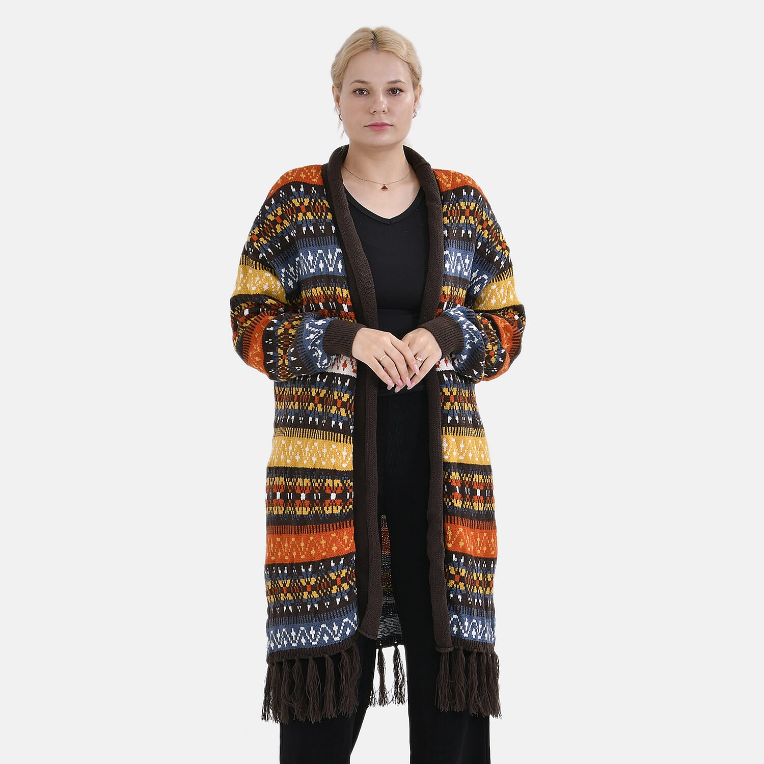 Tamsy Fringed Multi-Striped Pattern Coatigan (One Size) - Multicolor