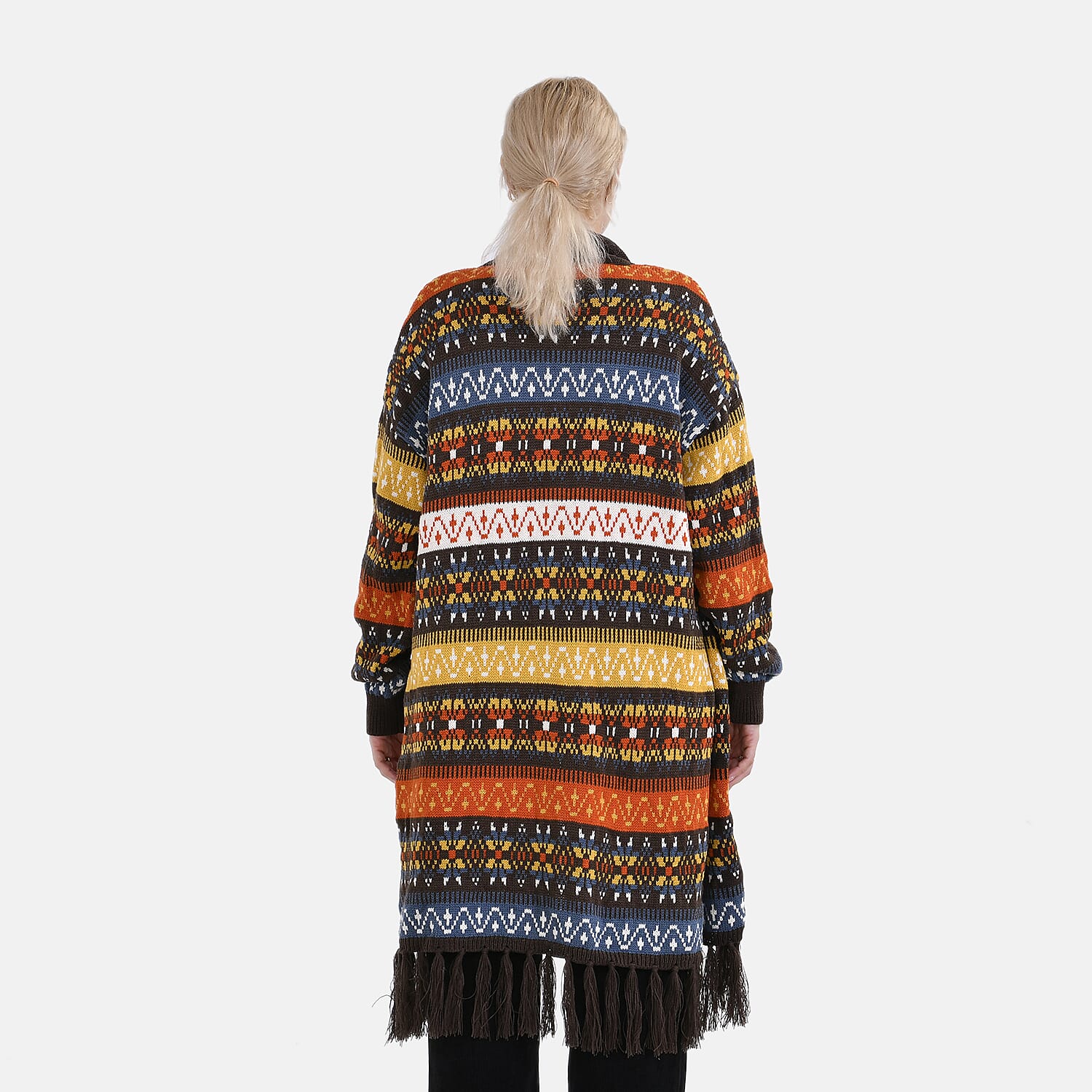 Tamsy Fringed Multi-Striped Pattern Coatigan (One Size) - Multicolor