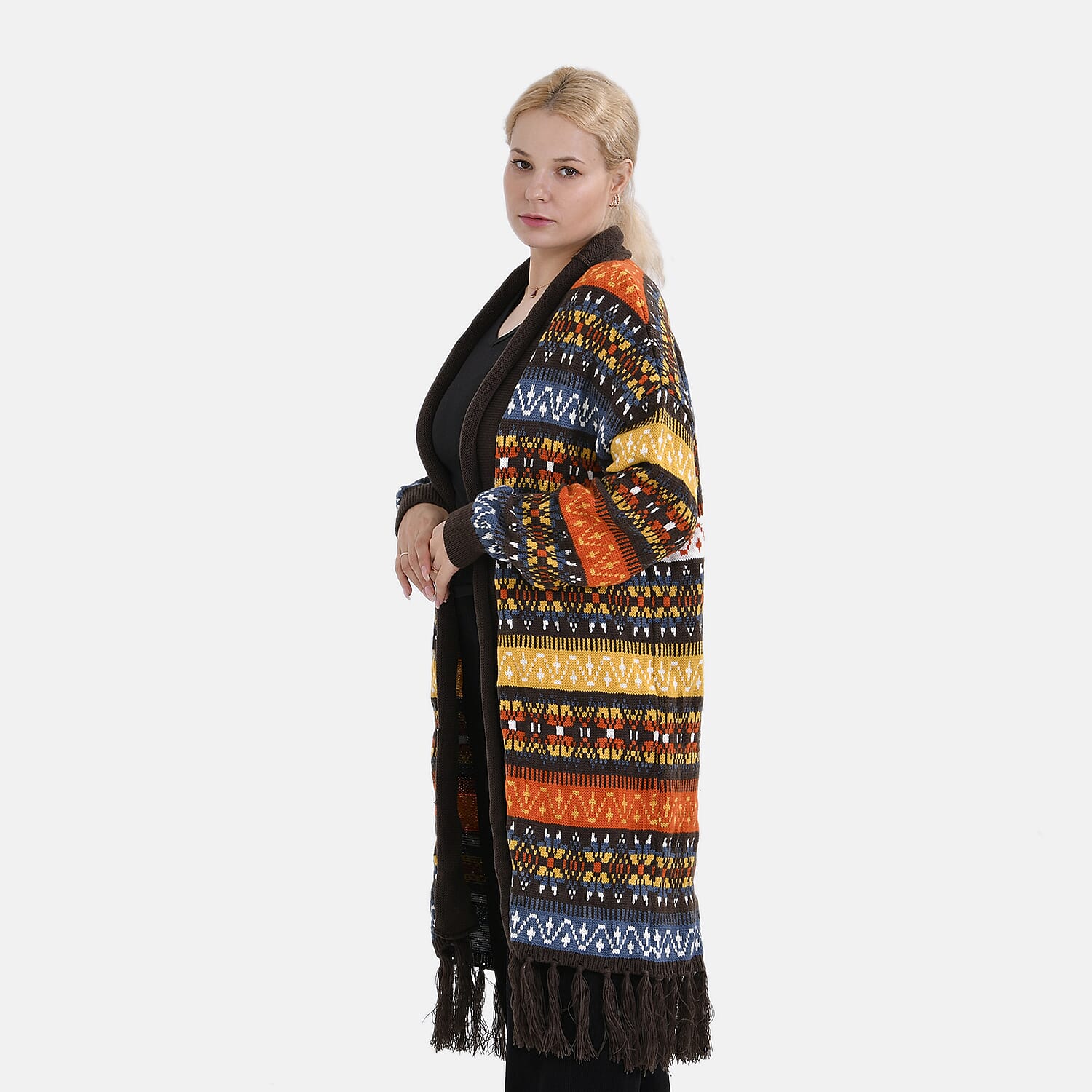 Tamsy Fringed Multi-Striped Pattern Coatigan (One Size) - Multicolor