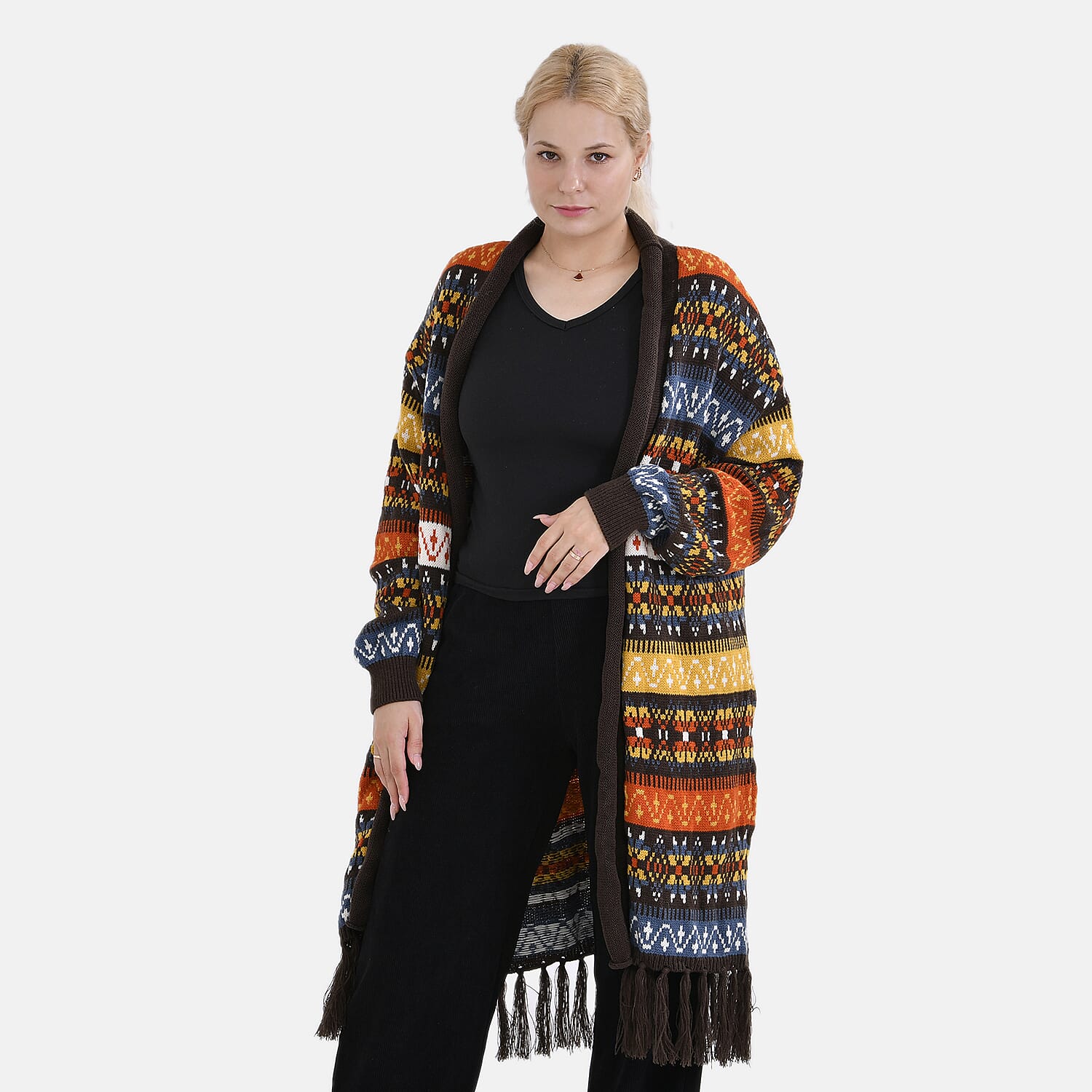 Tamsy Fringed Multi-Striped Pattern Coatigan (One Size) - Multicolor
