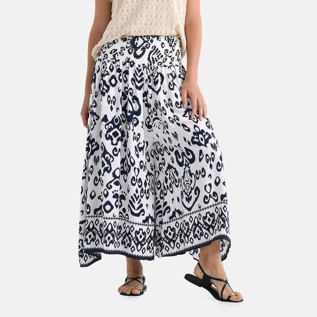 100% Viscose Tamsy Relaxed Fit Bohemian Print Smocked Waist Culottes (One Size Curve) - White & Blue
