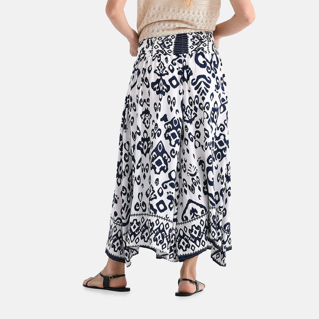 100% Viscose Tamsy Relaxed Fit Bohemian Print Smocked Waist Culottes (One Size Curve) - White & Blue