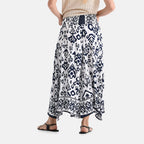 100% Viscose Tamsy Relaxed Fit Bohemian Print Smocked Waist Culottes (One Size Curve) - White & Blue