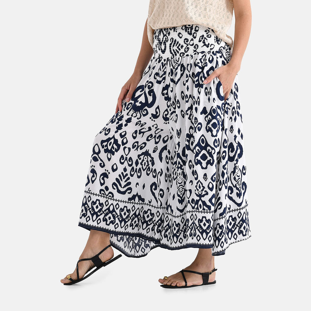 100% Viscose Tamsy Relaxed Fit Bohemian Print Smocked Waist Culottes (One Size Curve) - White & Blue