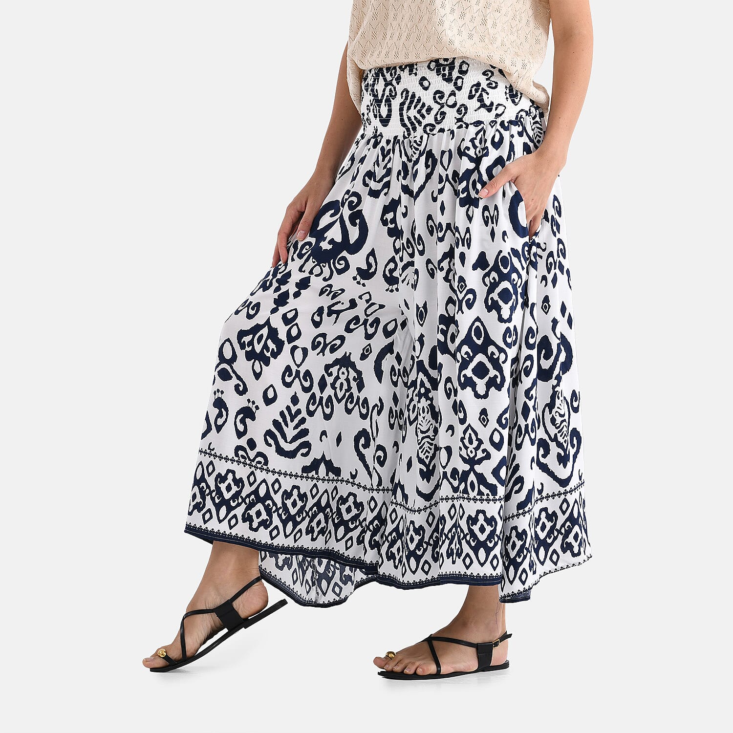100% Viscose Tamsy Relaxed Fit Bohemian Print Smocked Waist Culottes (One Size Curve) - White & Blue