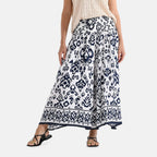 100% Viscose Tamsy Relaxed Fit Bohemian Print Smocked Waist Culottes (One Size Curve) - White & Blue